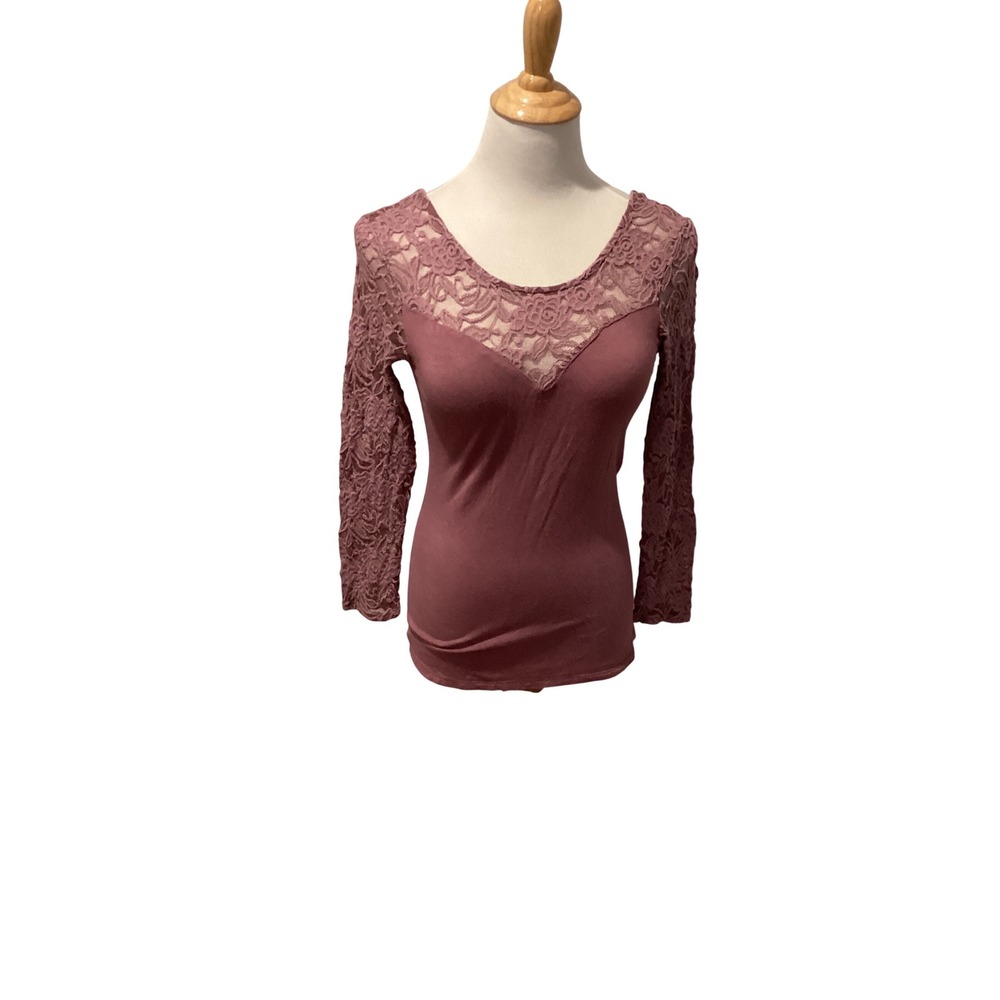 BKE Red Womens Mauve Lace Long Sleeve Deep V-Back Scoop Neck Top XS